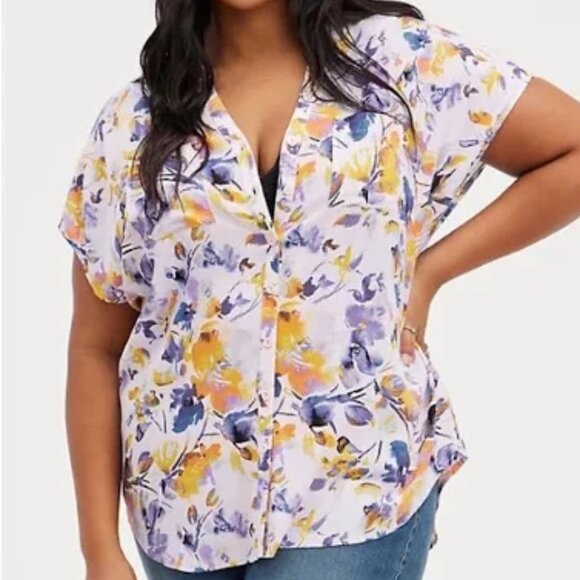 Torrid Purple Floral Rayon Slub Button-Front Dolman Top in Size 3 (22/24) - Picture 1 of 10